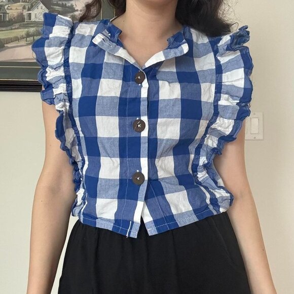 anthropologie whit two cascade blue and white gingham button up top - Picture 1 of 6